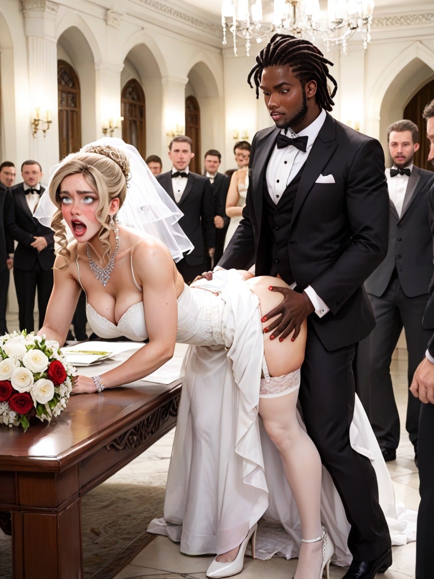 Wedding Reception Setting, Blonde Hair Bun, Fully Clothed AI Porn