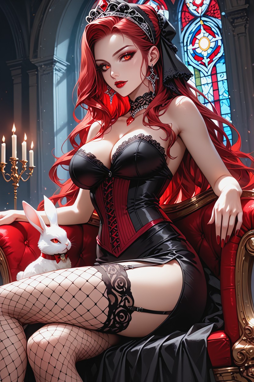 Wide Angle, Long Loose Auburn Hair, Beautiful Detailed Female Vampire Hentai AI Porn