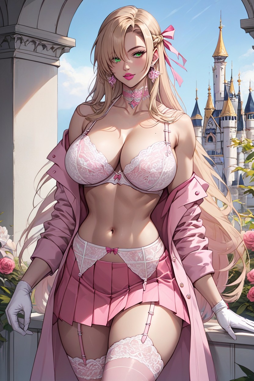 Pink Skirt, Long Eyelashes, Front View Hentai AI Porn