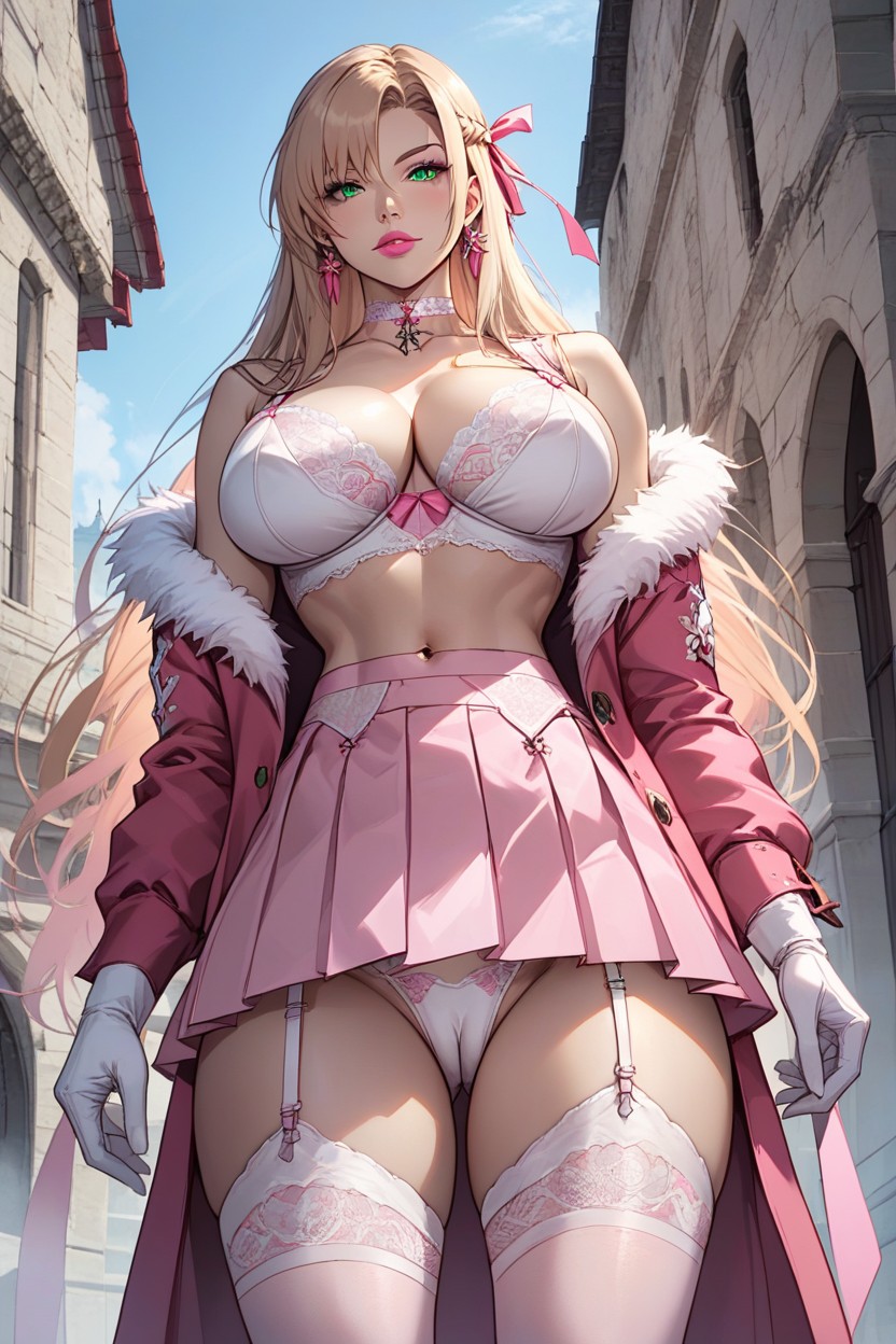 Green Eyes, Pink Garter Belt, Open Clothes Hentai AI Porn
