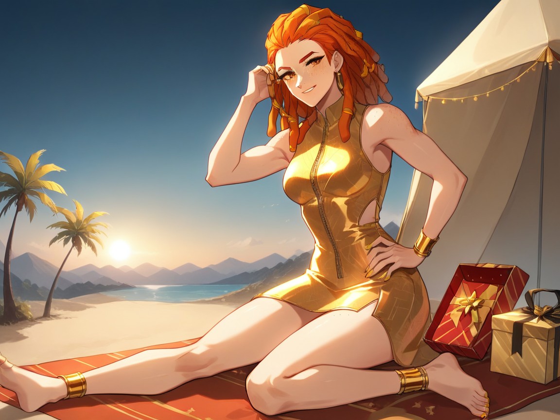 Rounded Hips, 1 Person, Wearing Gold Silk Courier Clothes Hentai AI Porn