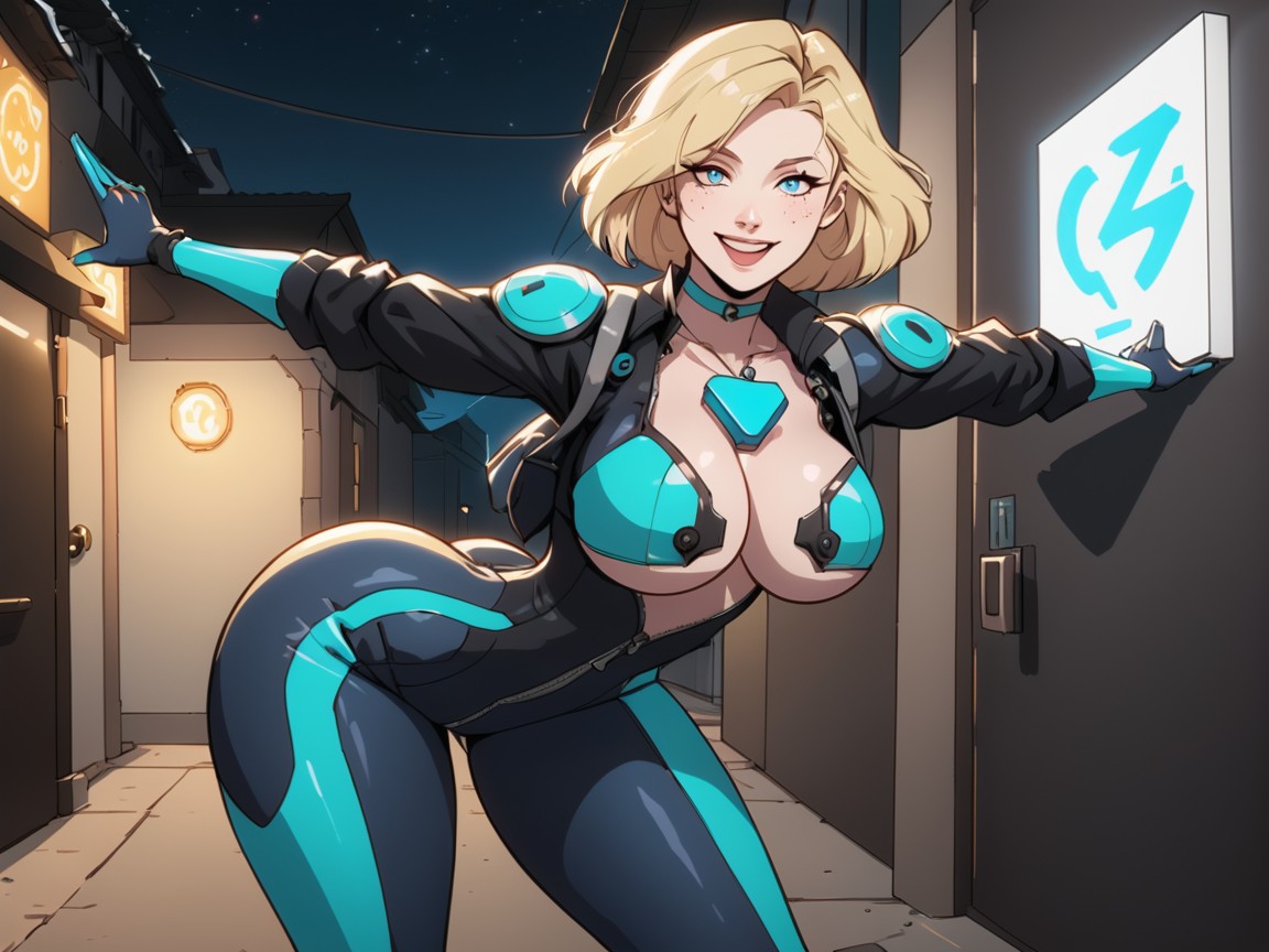 Wearing Blue Metallic Courier Clothes, Cool Streetlight Glow Against Deep Shadows, Rounded Breast AI Porn