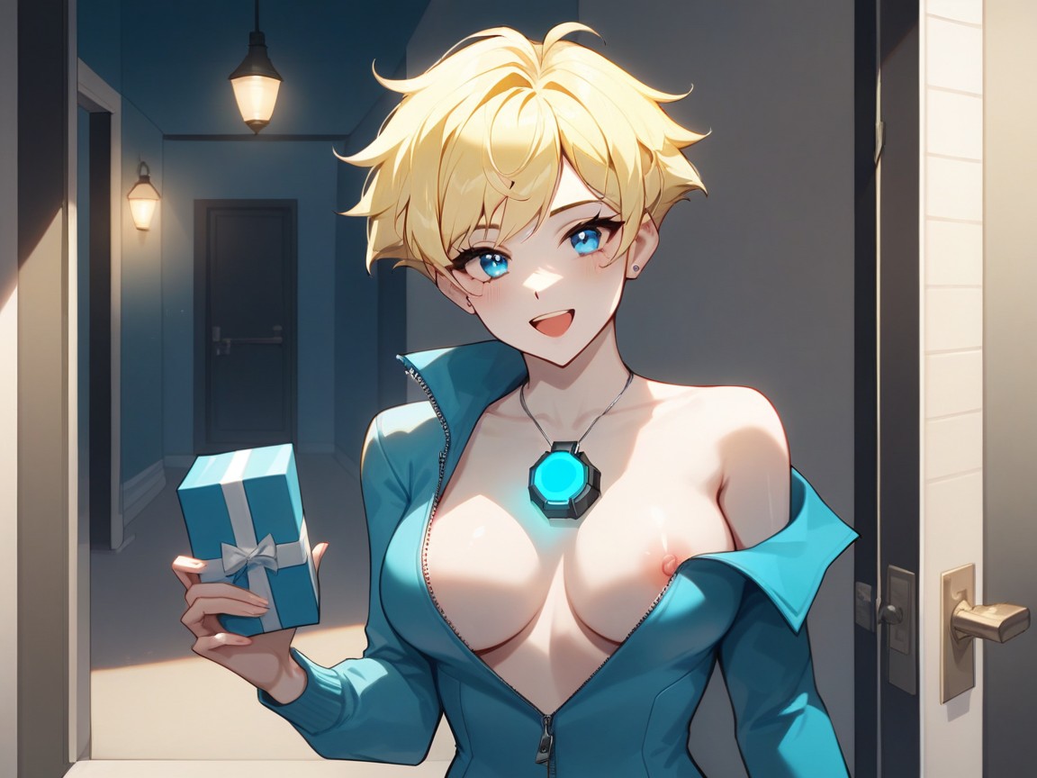 Round Blue Eyes, Break, Wearing Blue Metallic Courier Clothes Hentai AI Porn