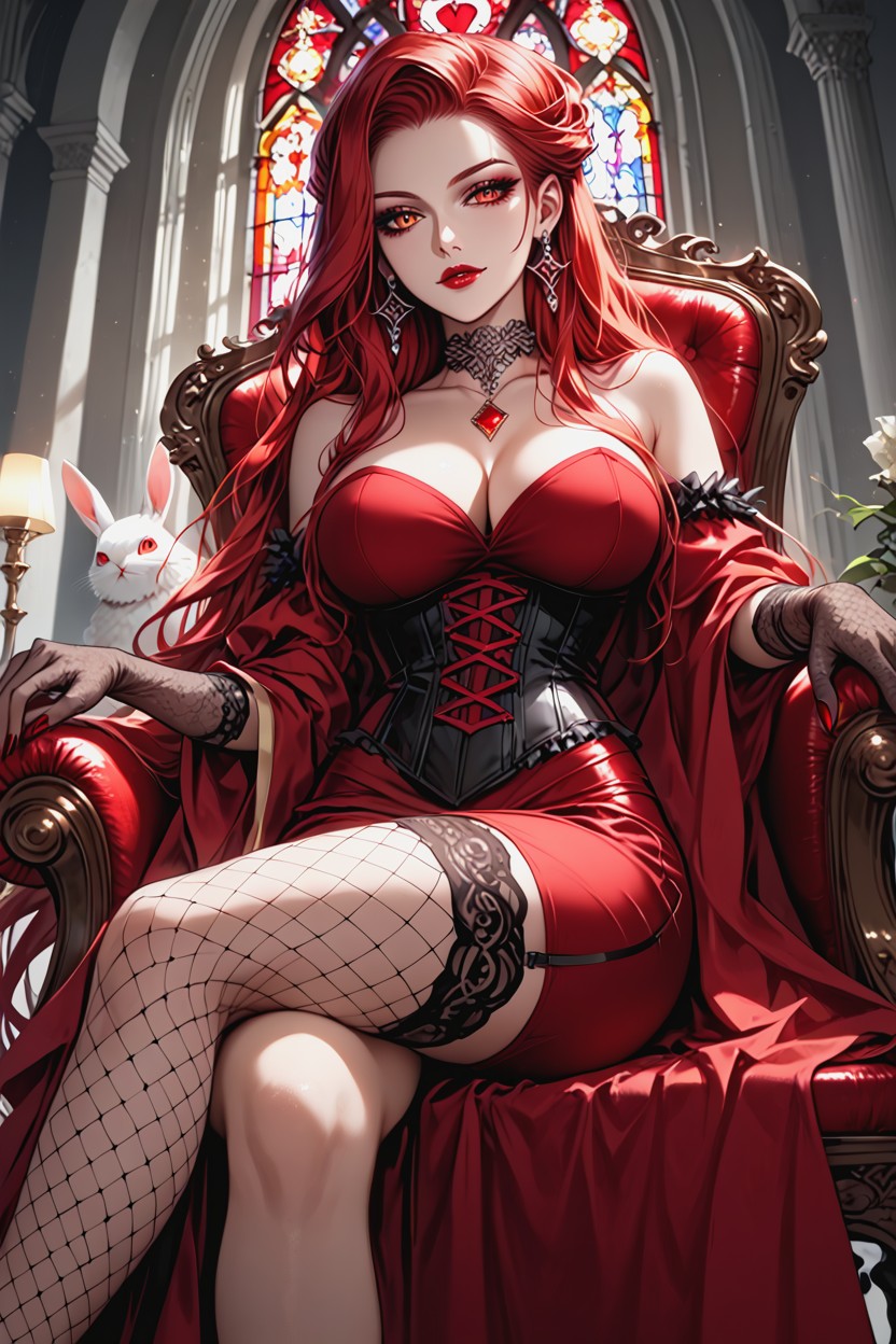 Crimson Red Velvet Corset, Bare Arms And Shoulders, Night Hentai AI Porn