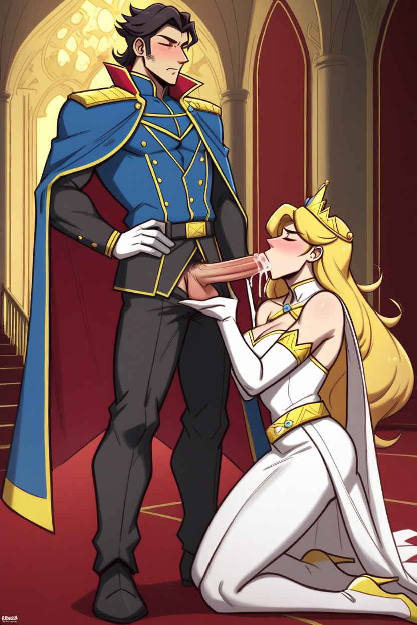 Princess, Wearing Dark Black Royal European Prince Uniform With Gold Details, Muscular Body 게이 AI 포르노