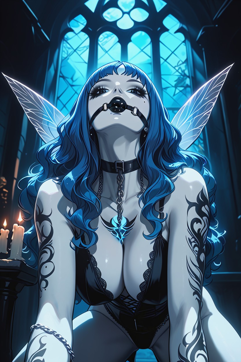 Black Nails, Black Lips, Long Wavy Blue Hair Hentai AI Porn