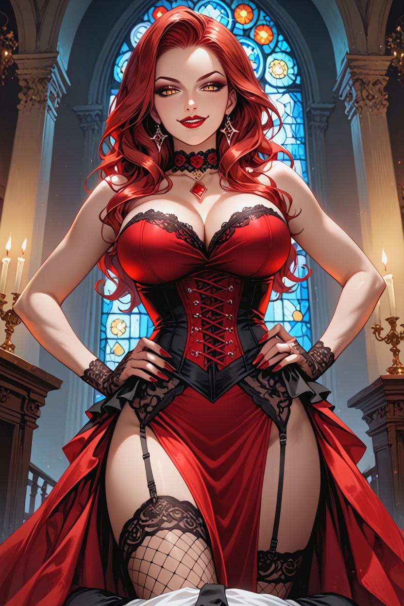 Bare Arms And Shoulders, Hands On Hips, Luxurious Ruby Lace Gloves Hentai AI Porn