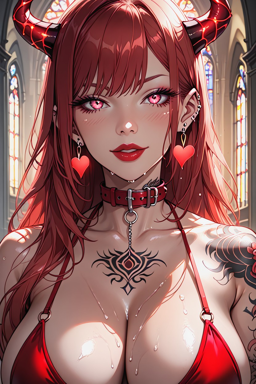 Standing In The Church, Dark Lighting, Red Bikini Hentai AI Porn