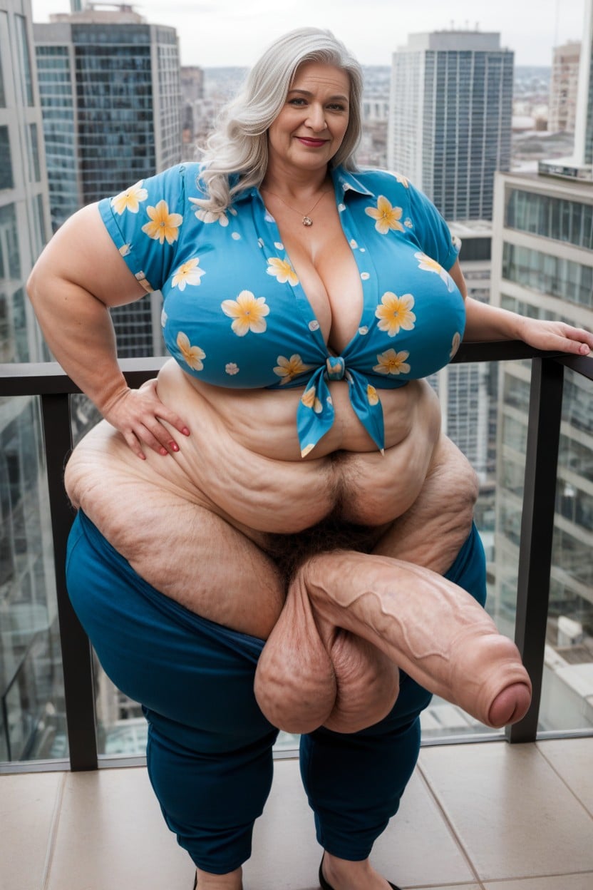 So Fat Can Barely Fit, White Hair, Red Color Hawaiian Shirt AI Porn