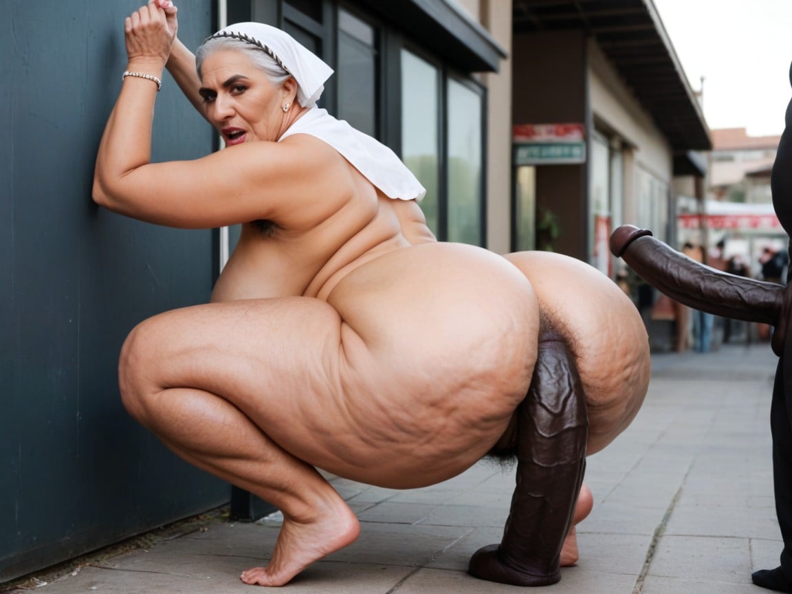 Mans Both Hands Grabbing Her Wrists And Pinning Her Arms To The Wall, Squatting, Very Big Belly AI Porn