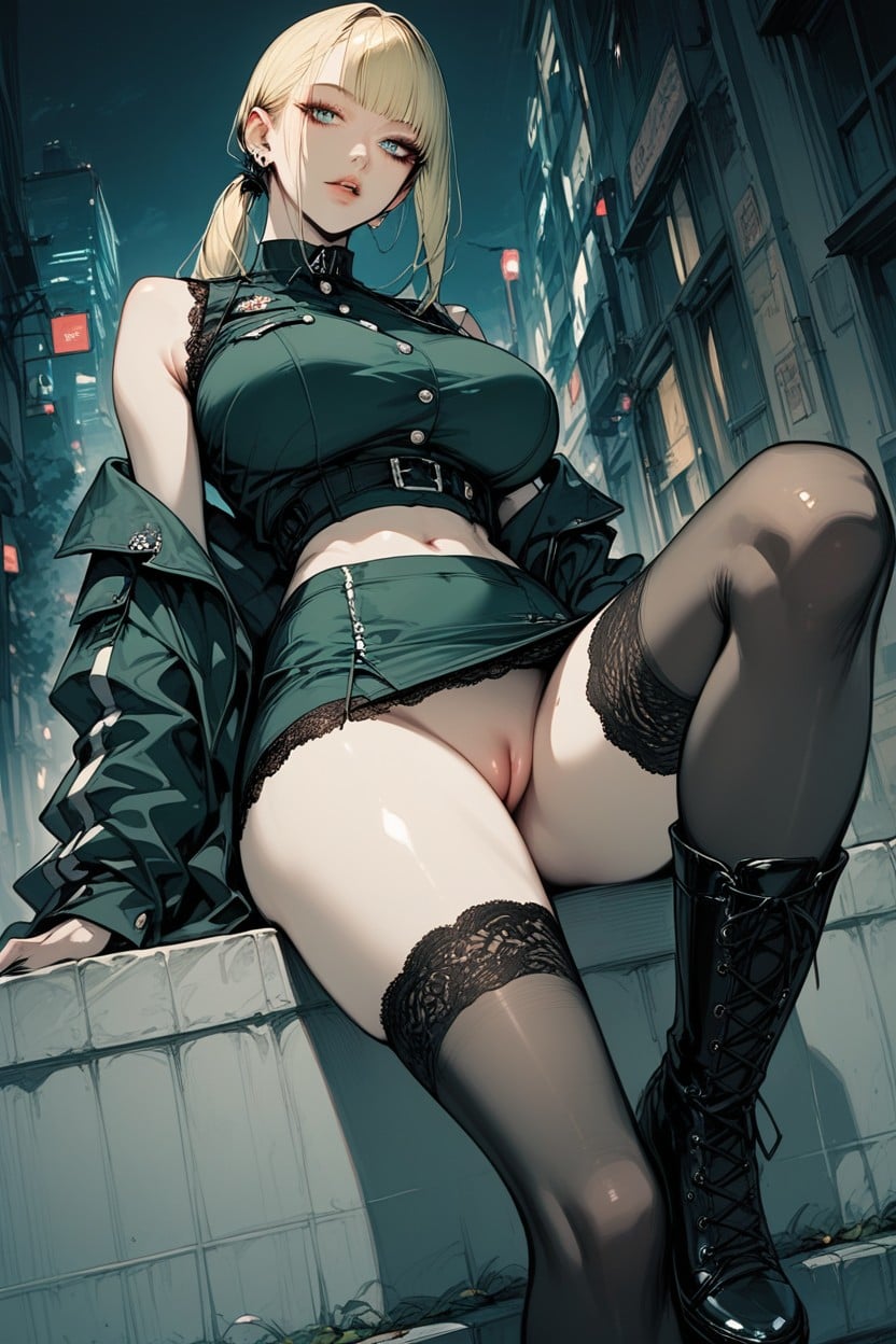 Lace Up Sides On Skirt, Blonde Hair, No Underwear Hentai AI Porn