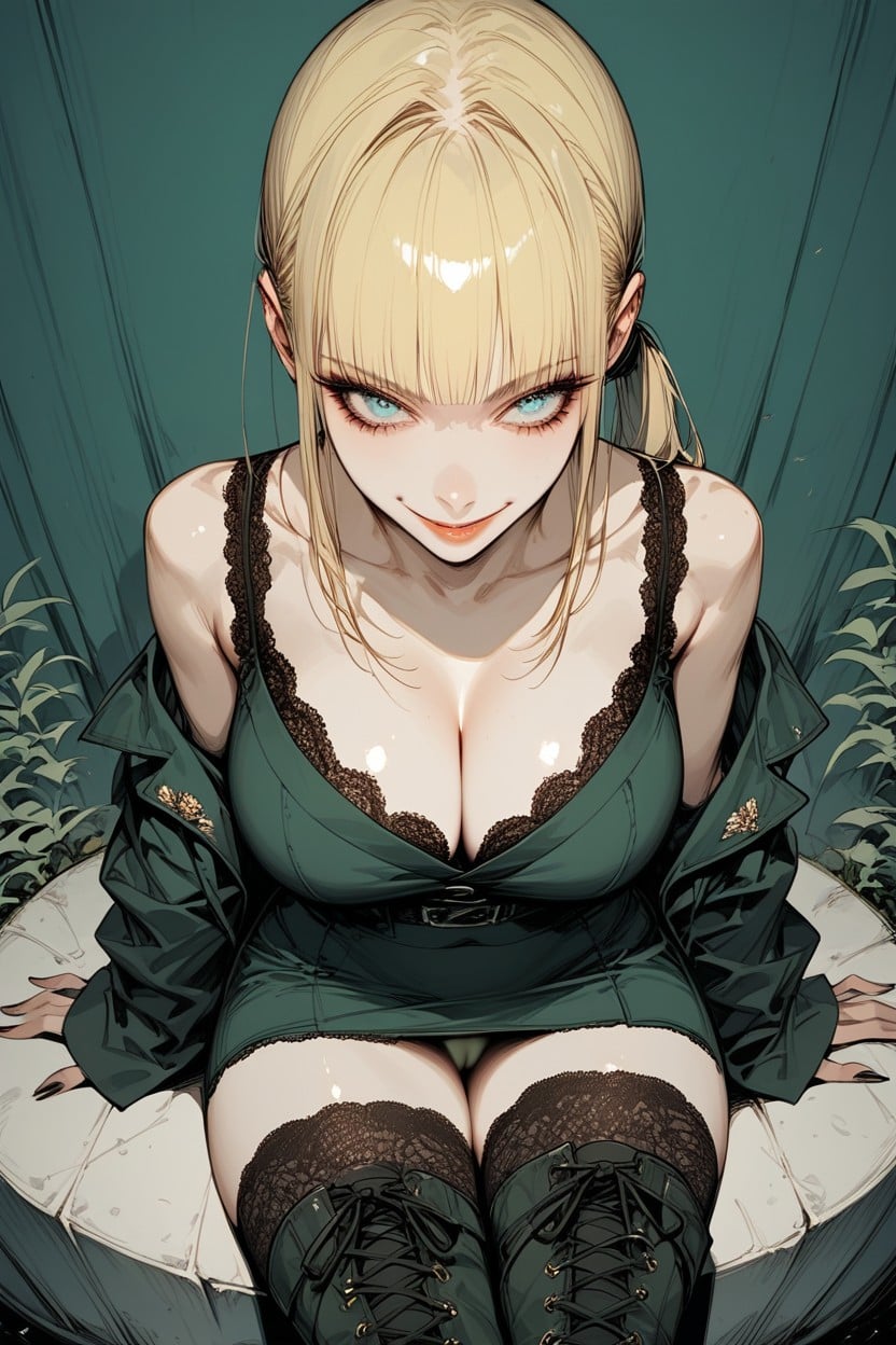 Top Down, Dark Green Skirt, No Panties Hentai AI Porn