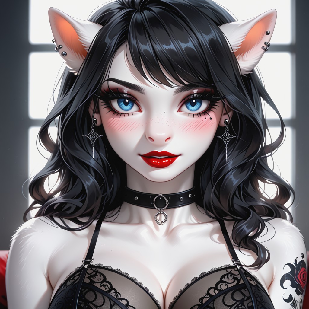 Black Hair, Black Eyeliner, Heavy Blushing Furry AI Porn