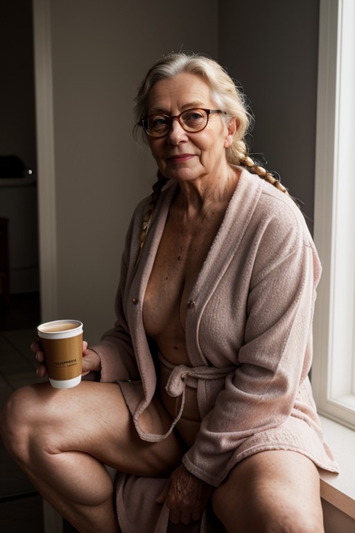 Wrinkled Legs, Details In Shadow, Holding Cup Of Coffee AI Porn