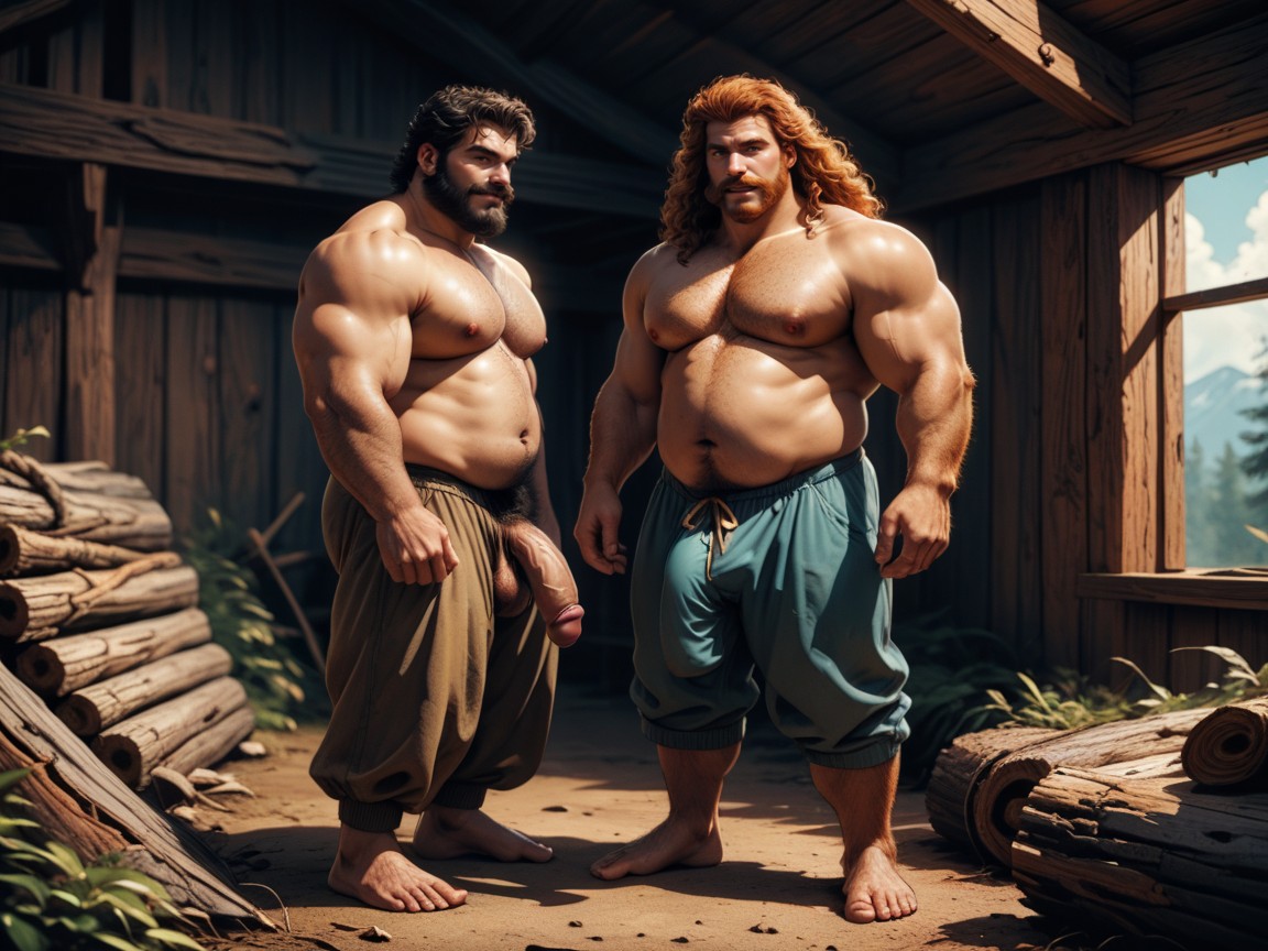 The Giant Is Super Tall And Brawny, 2 People, Armpit Hair AI Gay Porn