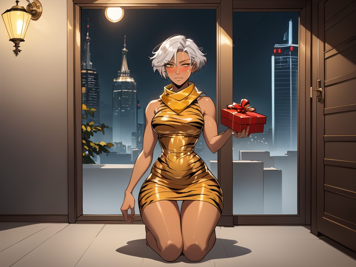 Squared Shoulders, Wide Belt, Golden Brown Skin AI Porn