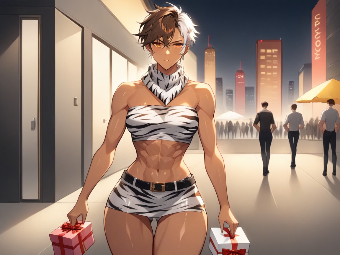 Modern Setting, Black Bobcut Hair With Silver Highlights, Wide Waist Hentai AI Porn