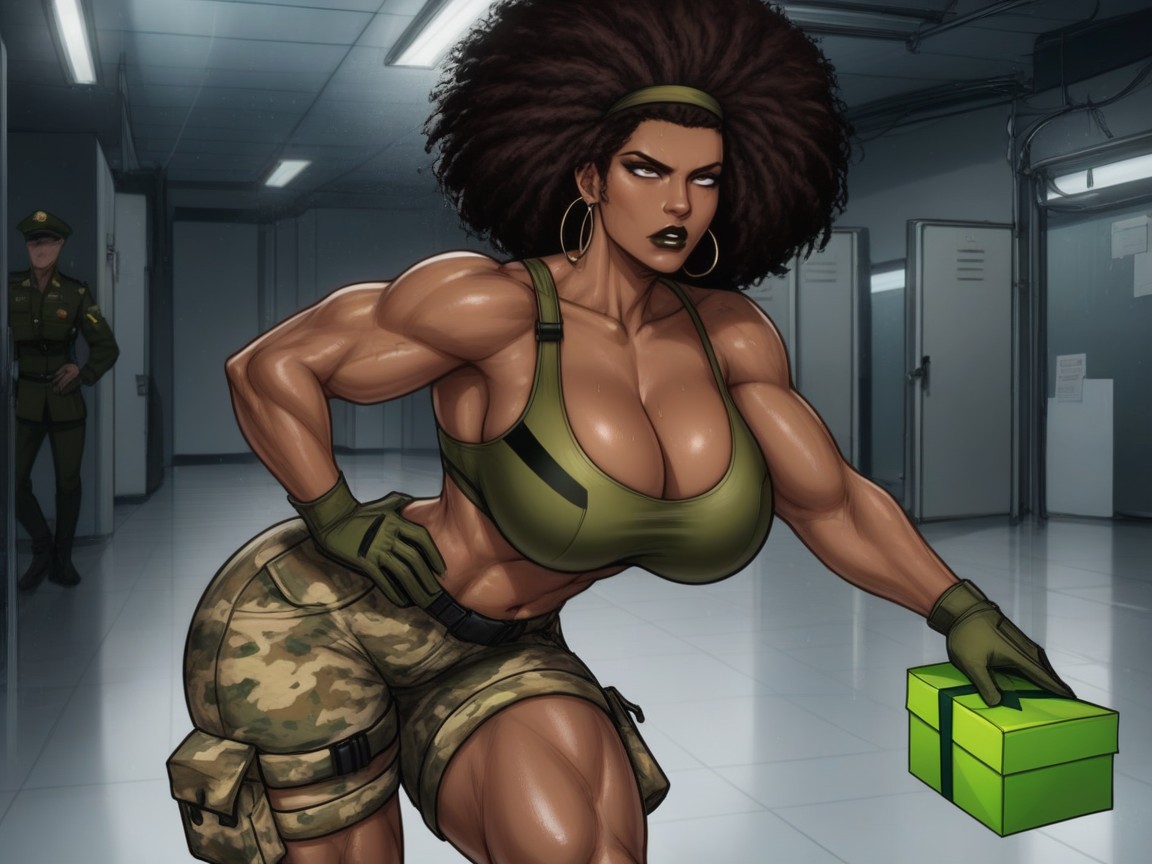 Woman Holding Brown Green Gift Box At Hip, Camo Courier Shorts, One Woman Porno latina IA
