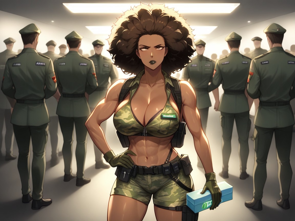 Dark Brown Skin, Camo Sports Bra, Camo Courier Shorts Hentai AI Porn