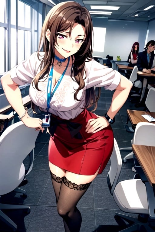 Pink Ruffle Shirt, Large Round Table, Front View Hentai AI Porn