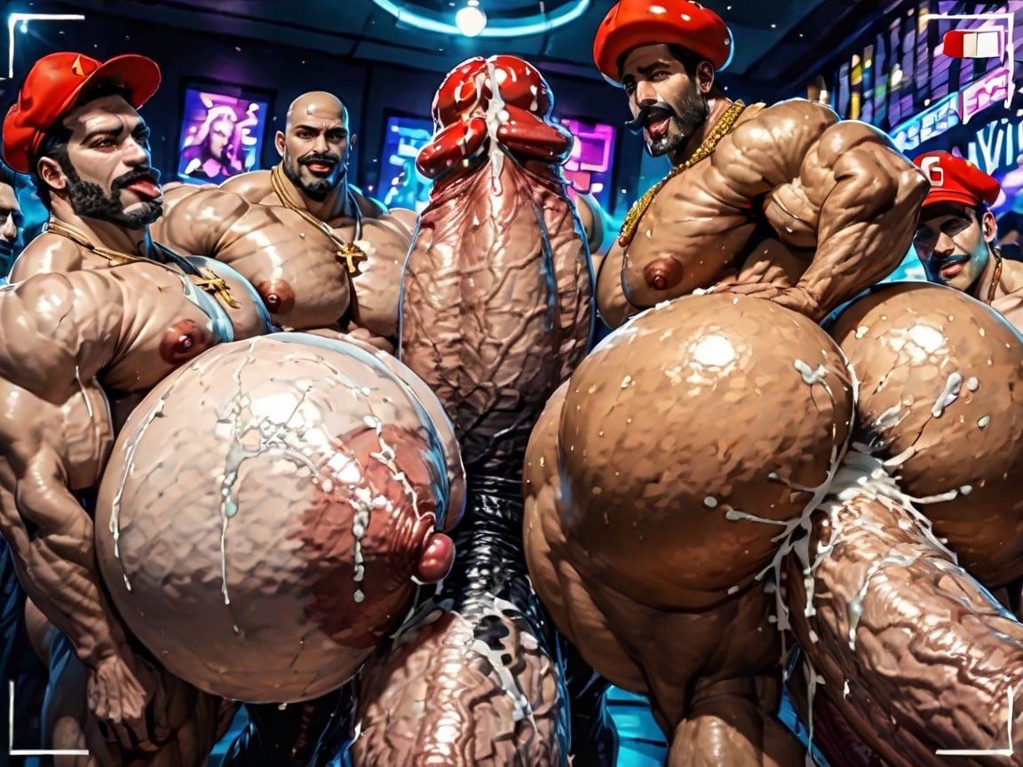 Close Up, Massive Thick Bulky Hairy Muscles, Double Penetration In Mouth AI Gay Porn