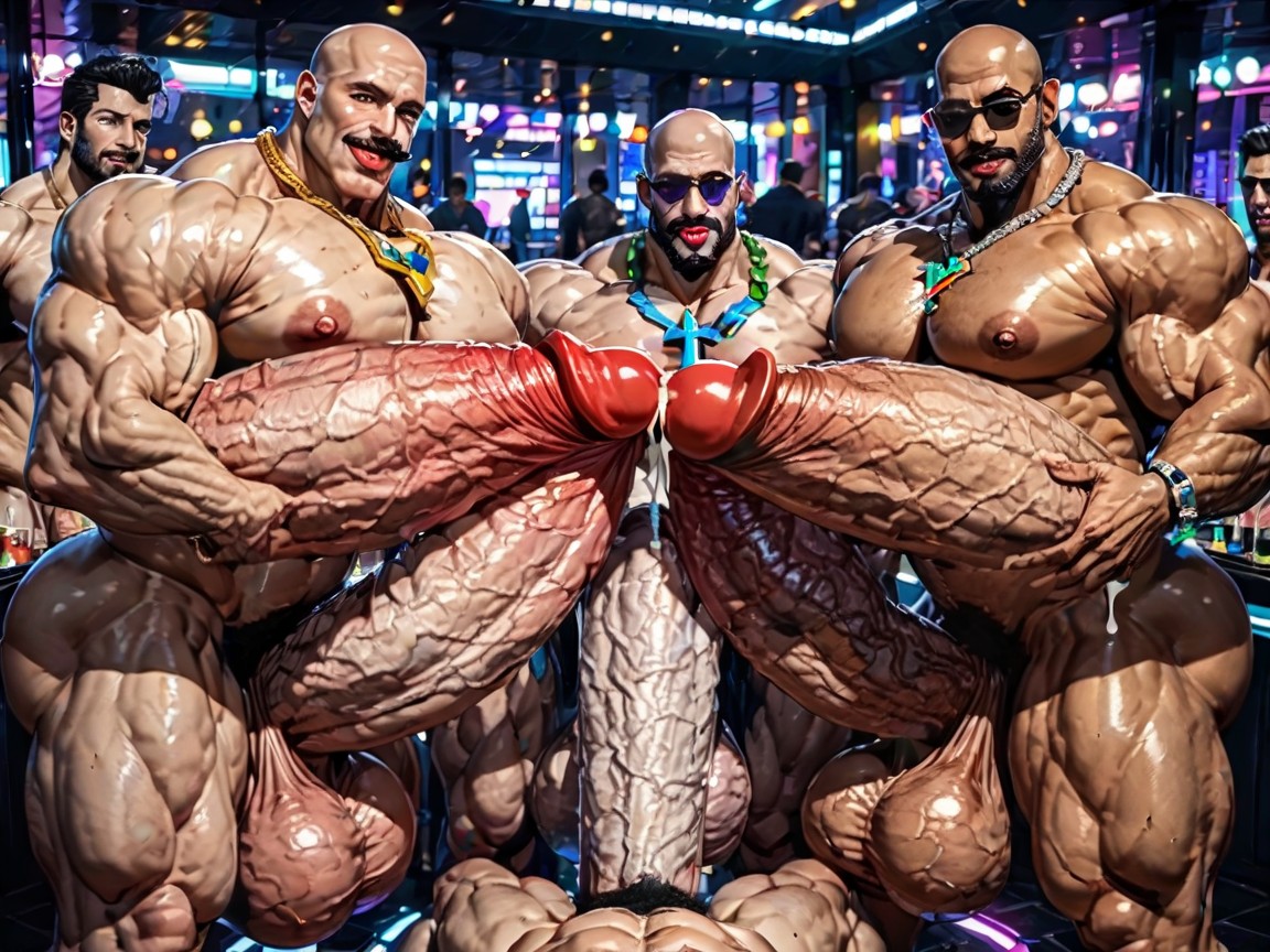 Huge Hyper Cocks Pushing Up Hyper Boobs, Massive Thick Bulky Hairy Muscles, Tongue Out 게이 AI 포르노