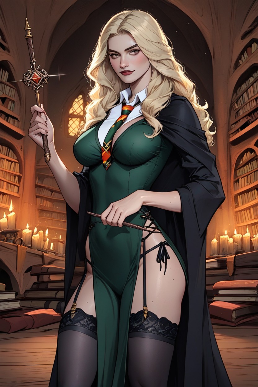 Black Stockings With Garters, Slytherin Hogwarts Uniform, Slytherin Hogwarts Uniform Hentai AI Porn