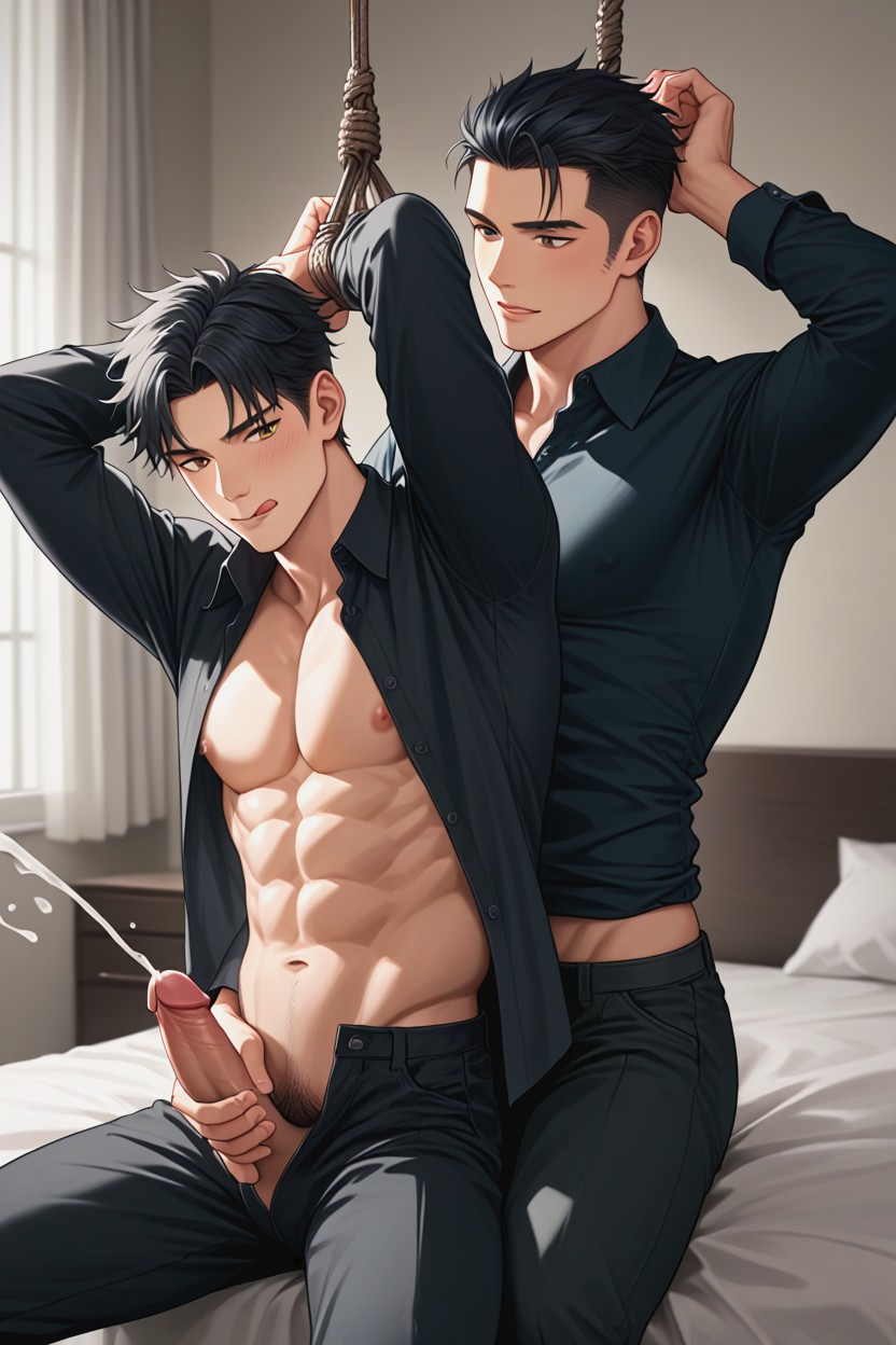 The Second Person Touches The First Person's Penis, The Second Person Is Not Tied Up, Bangs Slightly Swept To The Sides AI Gay Porn