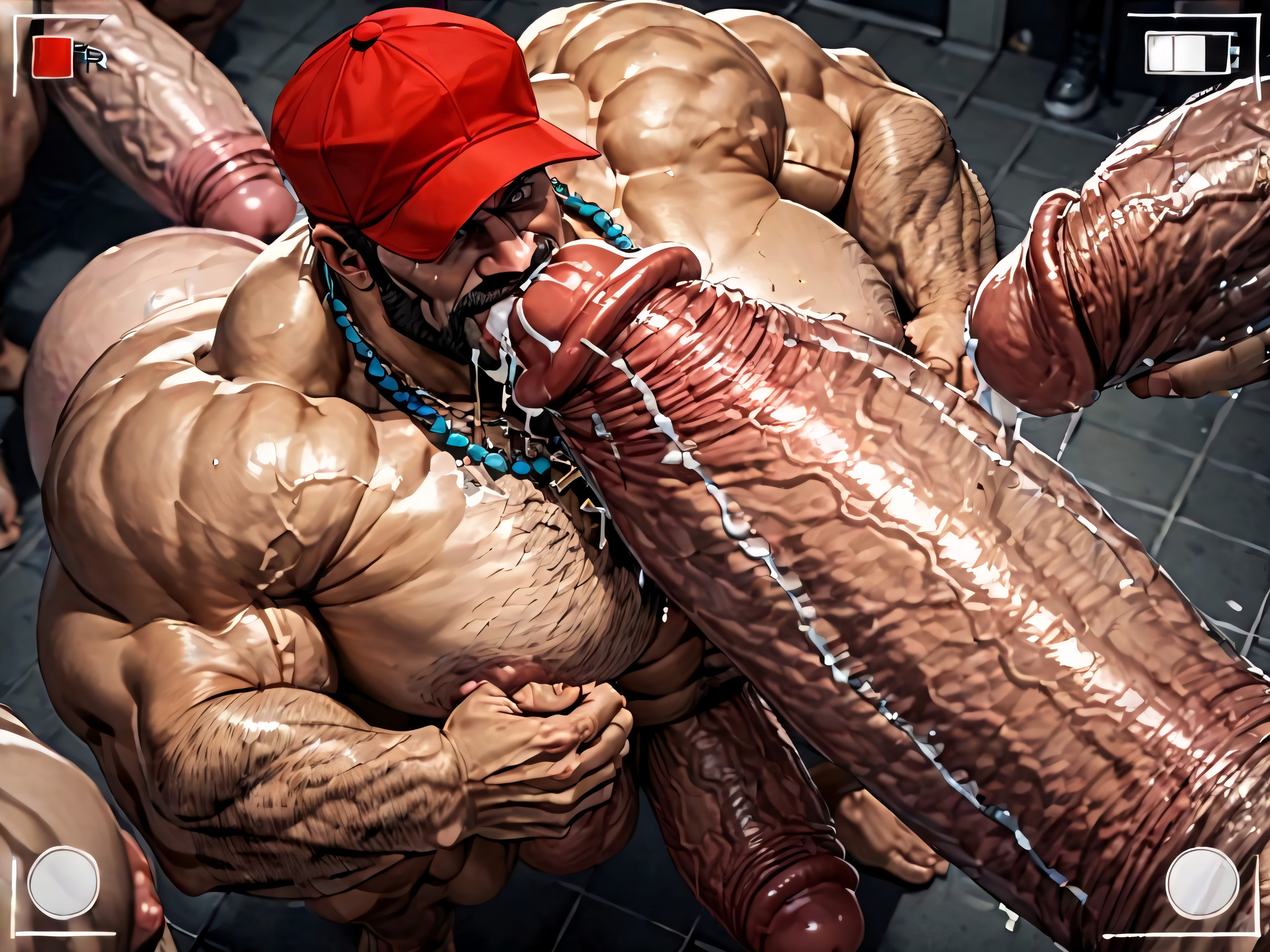 Hyper Bulky Tanned Skin, Blowjob (3rd Person), Oversized Hyper Boobs AI Gay Porn