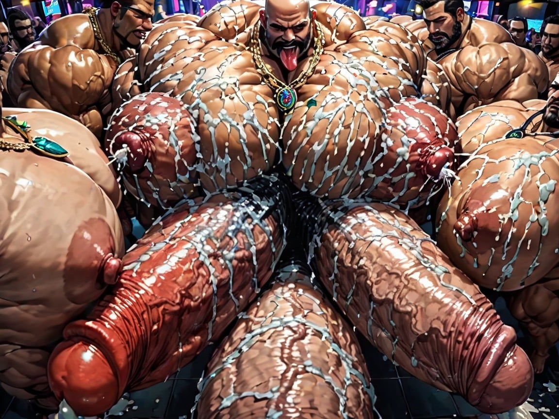 Tongue Out, Huge Hyper Cocks Pushing Up Hyper Boobs, Massive Thick Bulky Hairy Muscles AI Gay Porn