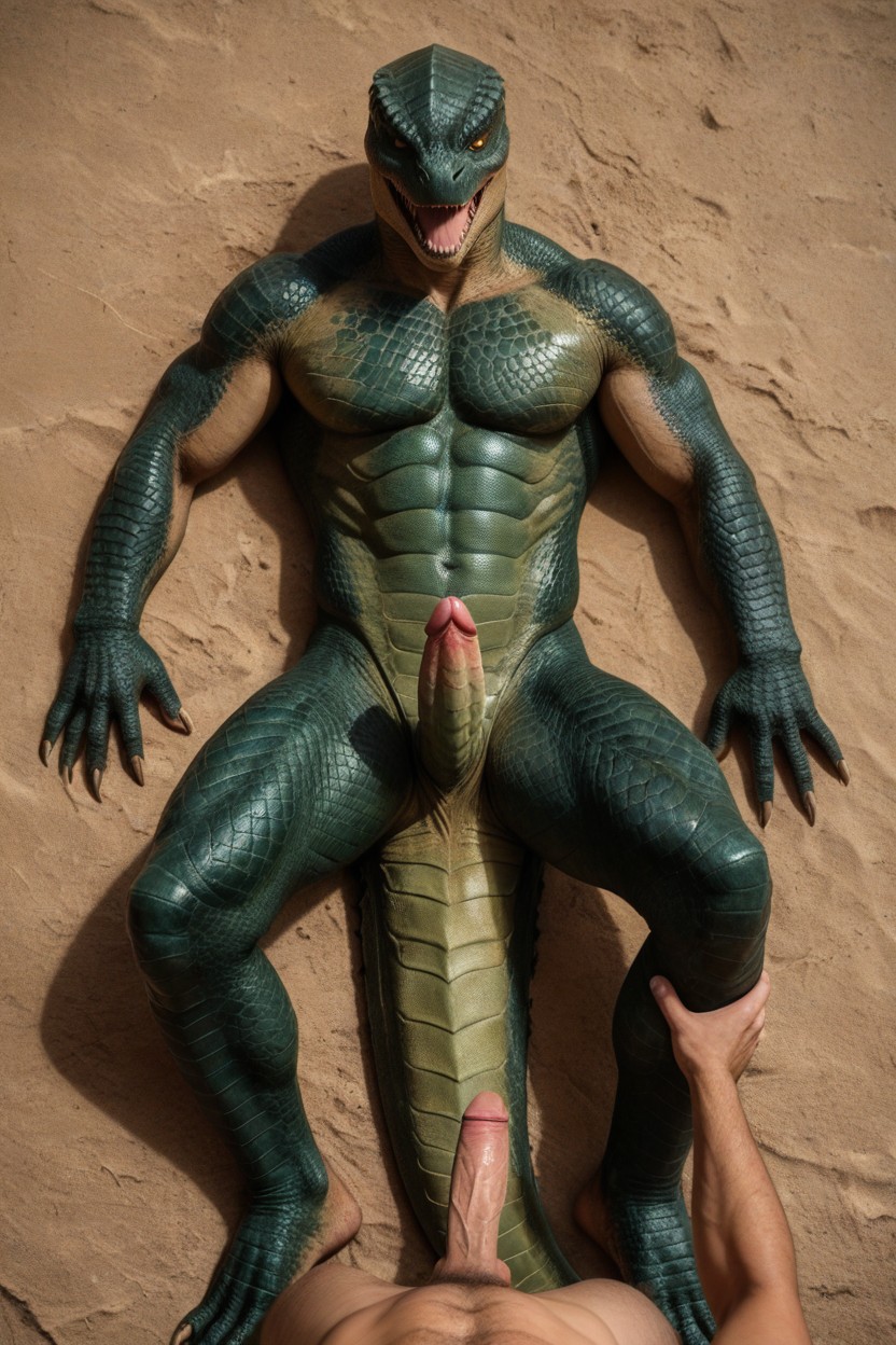 Long Scaled Tail, Wide Mouth With Sharp Jagged Teeth Rows, Detailed Reptilian Head AI Gay Porn