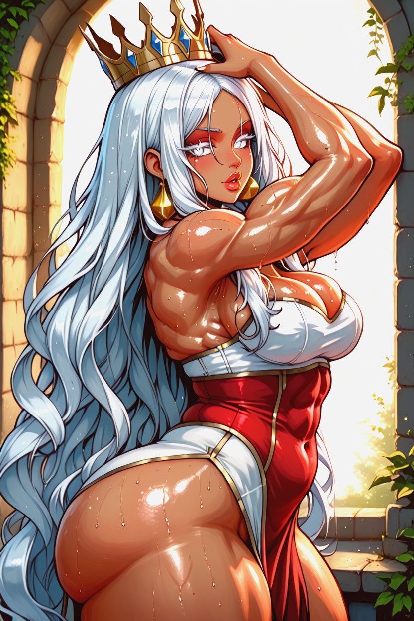 Waist, Gold Earrings In The Ears, White Hair AI Porn