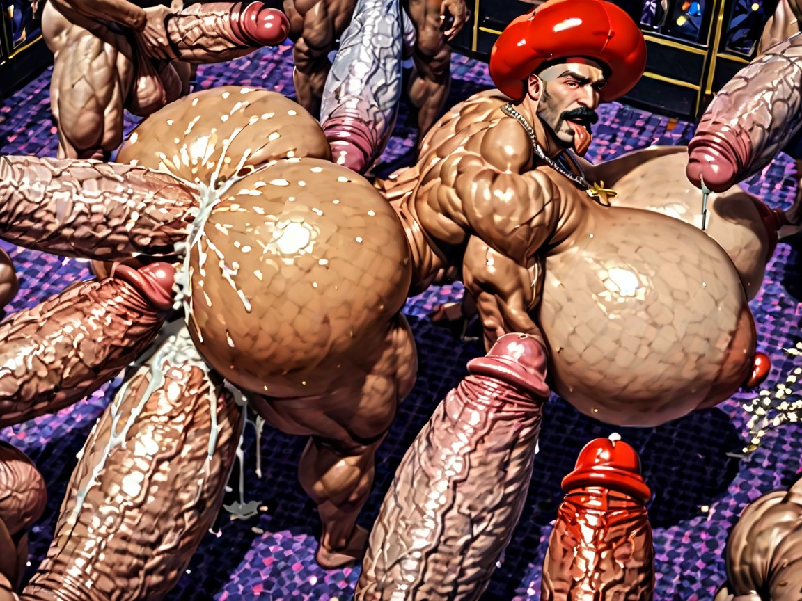 Arms Behind Back, Huge Hyper Cocks Pushing Up Hyper Boobs, Side View AI Gay Porn