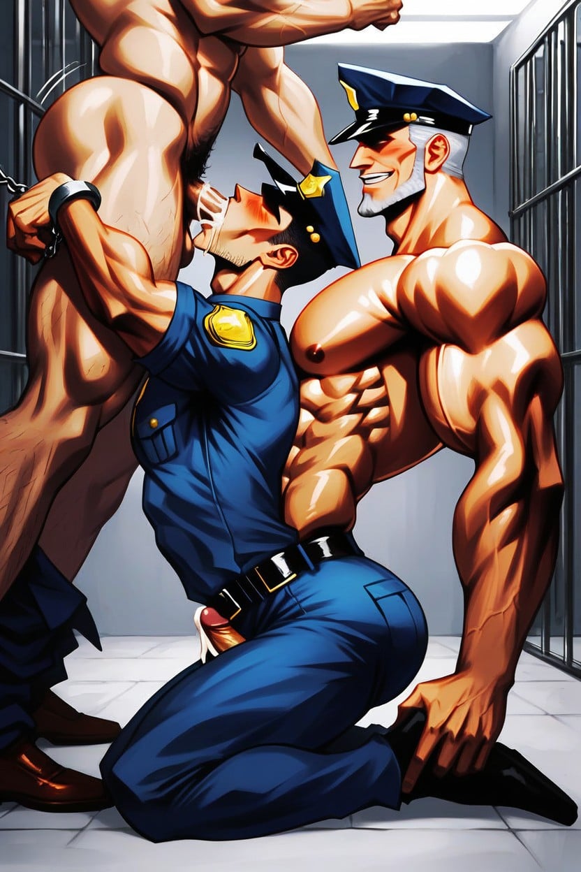 Oversized Muscles, Broad Shoulders, Dick Through The Bars Of His Prison Cell AI Gay Porn