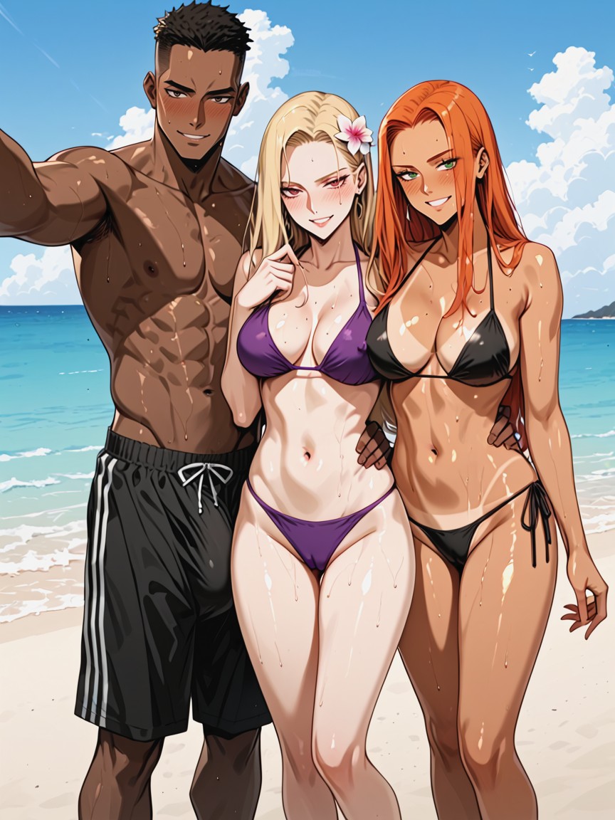 Blonde Long Hair, Oiled Skin, Second Woman Blonde Hentai AI Porn
