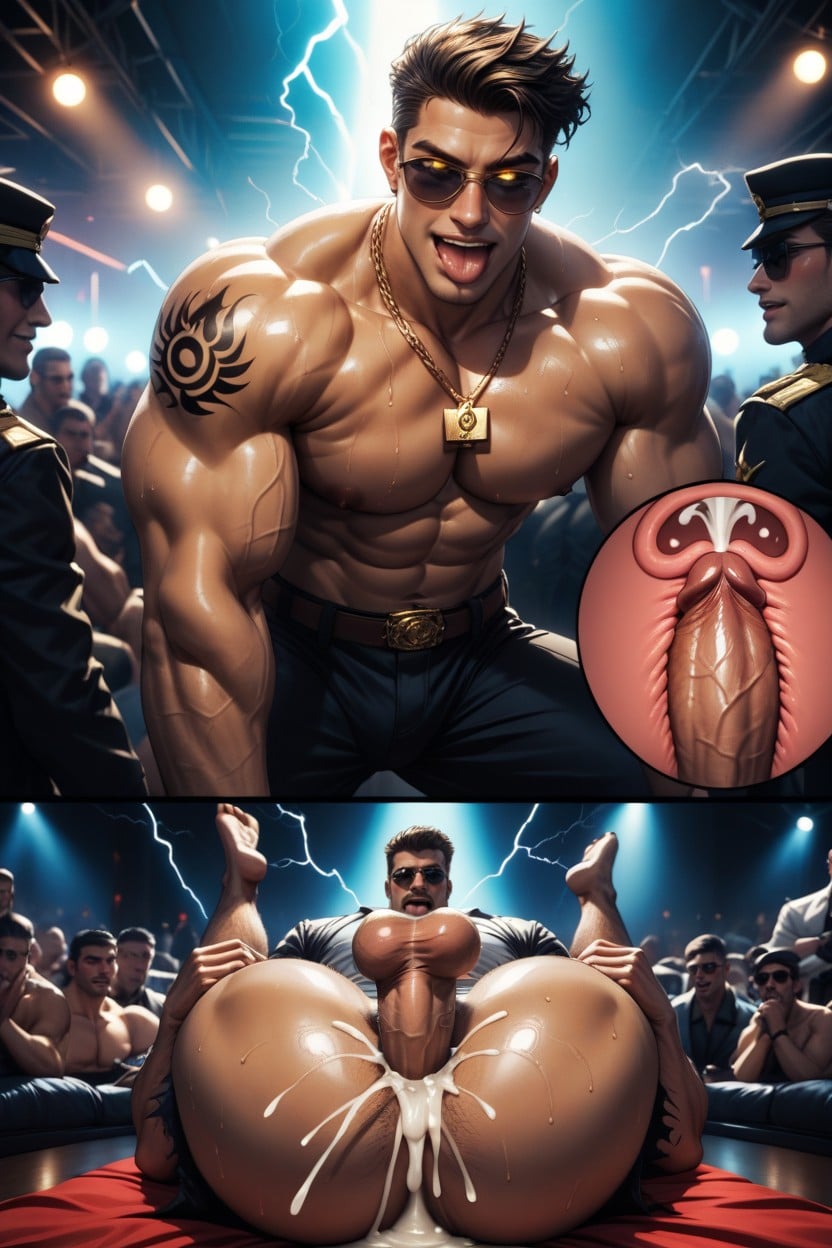 Big Erect Vibrating Cock, Many People Around, Torn Clothes AI Gay Porn