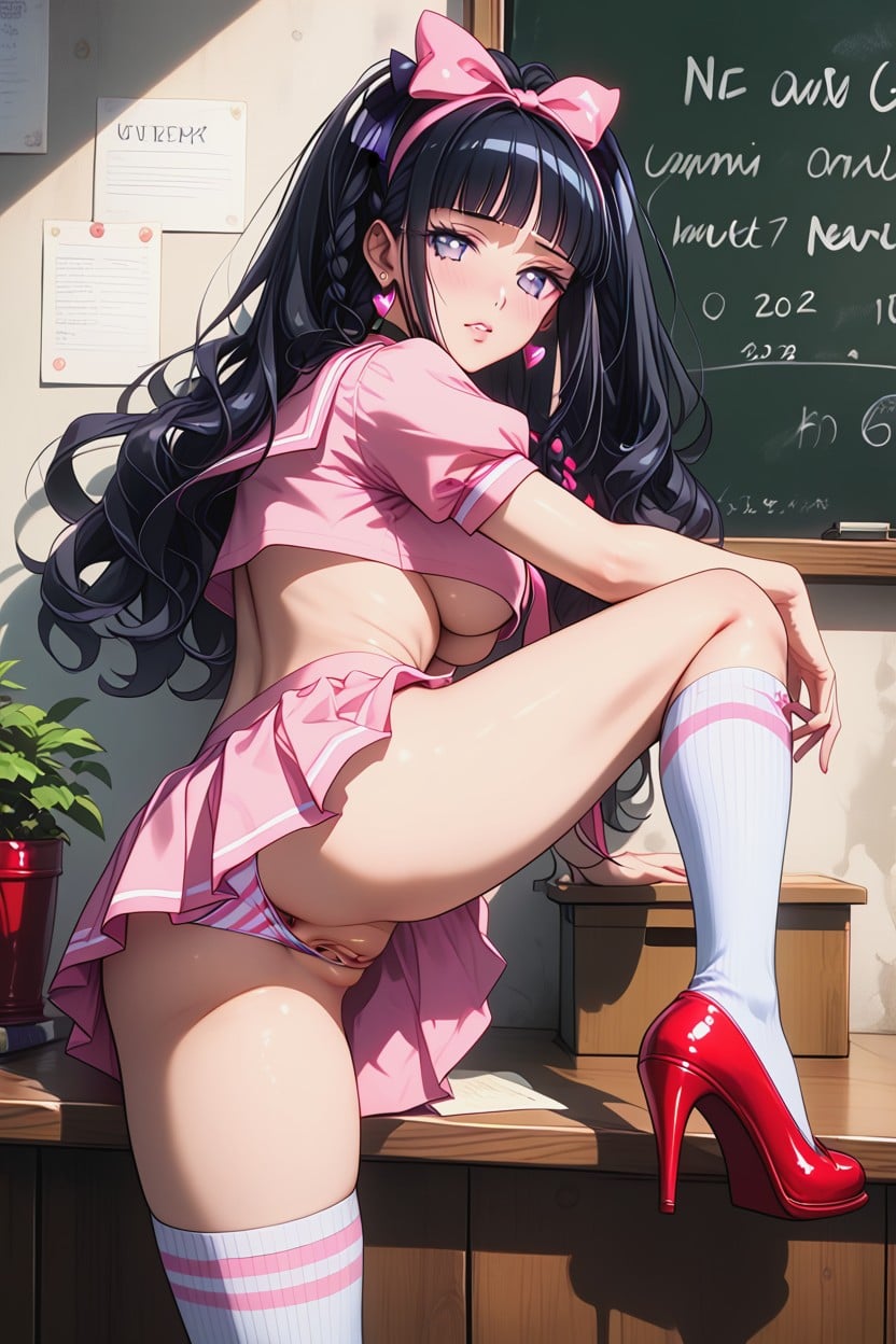 Twintails, Navel Exposed, Stripe Knee High Socks Porno IA Hentai