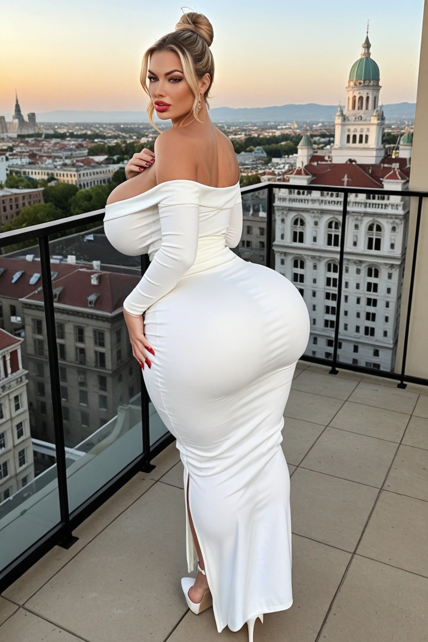 White Heels, White Off Shoulder Long Sleeve Bodycon Dress, Red Lipstick AI Porn