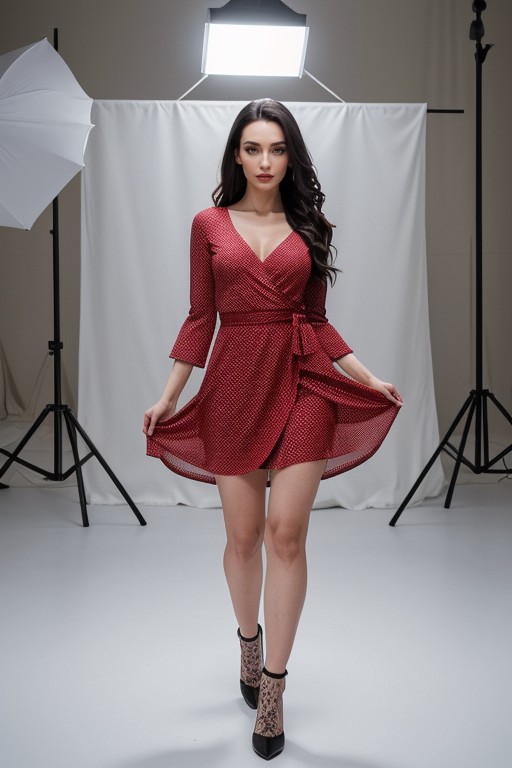 No Props, Refined Features Wearing A Red Wrap Front Flippy Dress With White Polka Dots, Bold Sleeves AI Porn