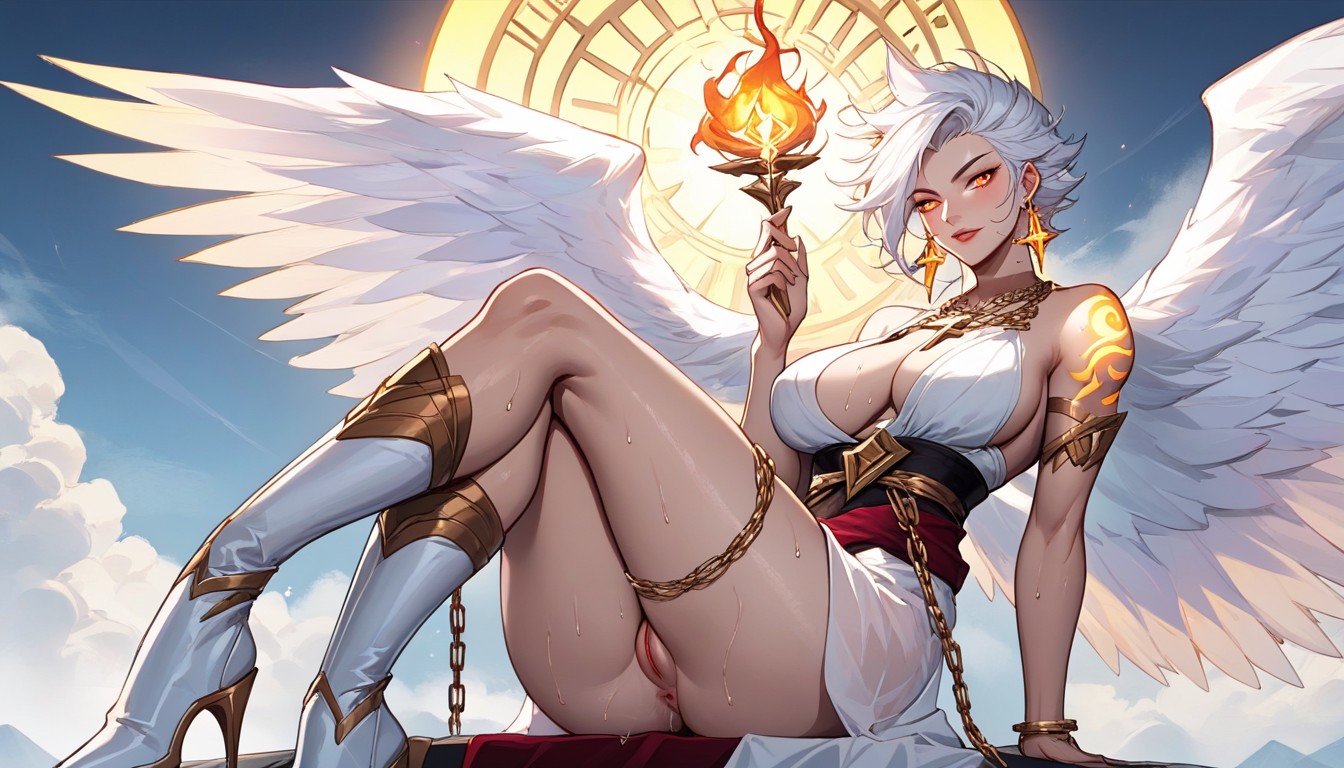 Abdomen And Thighs Golden Red Pupil, Muy Corto, Sentado Con Las Piernas Cruzadas Hentai IA