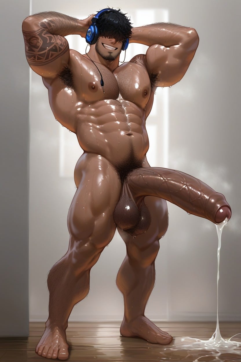 Body, Long Black Hair Covering Eyes, Big Balls People Huge Cock AI Gay Porn