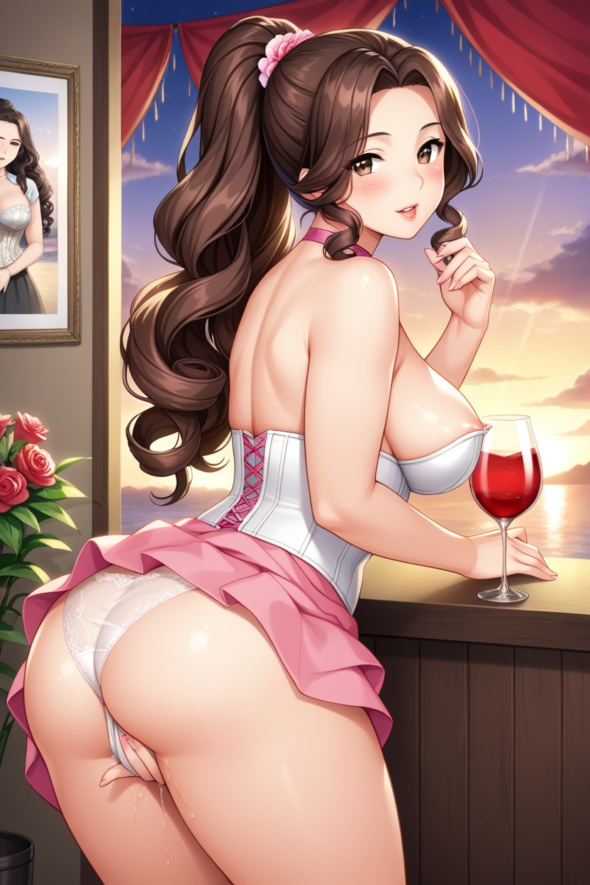 Bbw, Pink An White Corset Skirt, Outdoors Hentai AI Porn