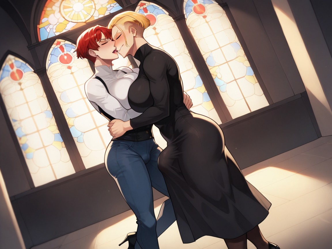 Black Eyes, Smirk, Lesbian Kissing Hentai AI Porn