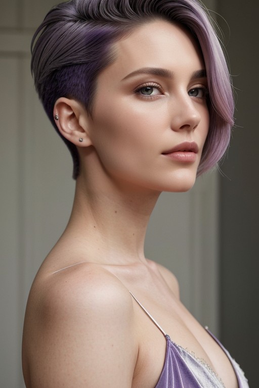 Pastel Lilac Lowlights On A Base Of Ash Grey, Pixie Cut, Purple Eyes AI Porn