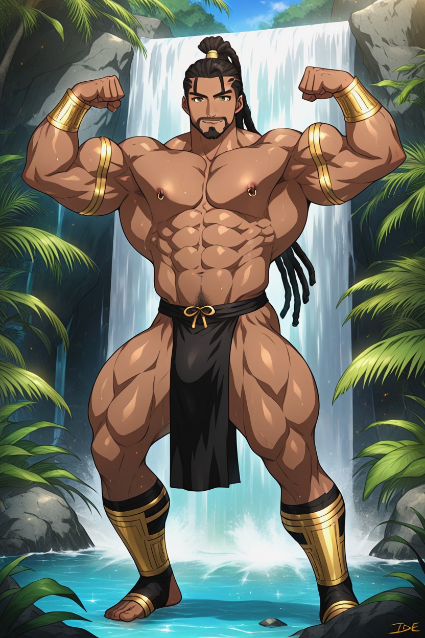 Black Skin, Long Hair, Hyper Defined Muscles AI Gay Porn