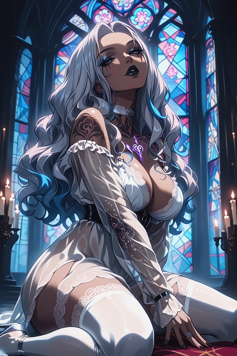 Massive Ass, Tattoos, Silver Hair With Blue Highlights Hentai AI Porn