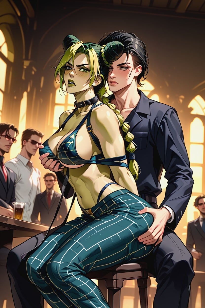 Ass Grab, Woman Groping Jolynes Breasts And Pulling Her Leash, Jolyne Arms Behind Her Back Hentai AI Porn