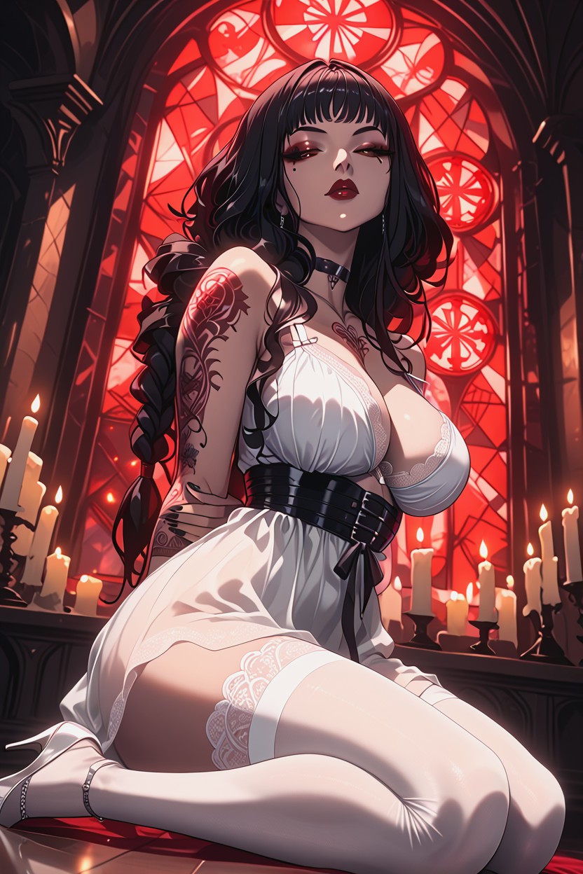Long Flowing Hair Cascading Down Her Back, De Abajo Hacia Arriba, Tattoos Hentai IA