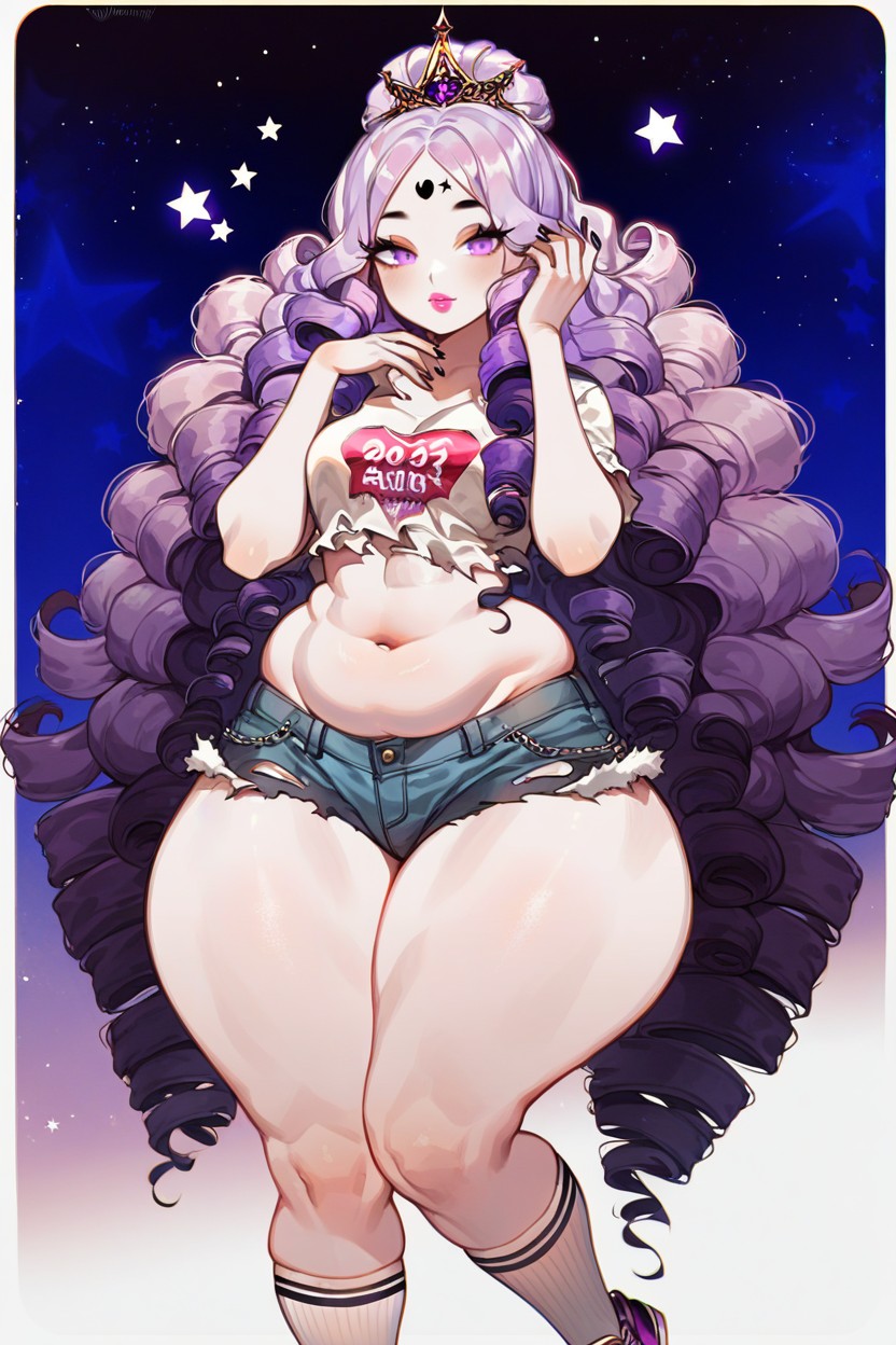 Wide Hips, Purple Curly Hair, Defined Abdomen AI Porn
