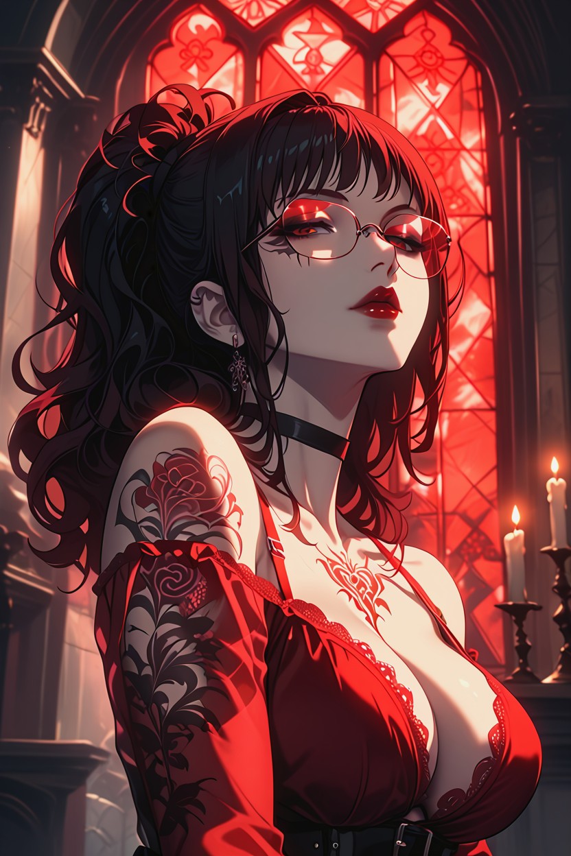 Tattoos, Sexy Glasses, Dark Makeup Hentai AI Porn